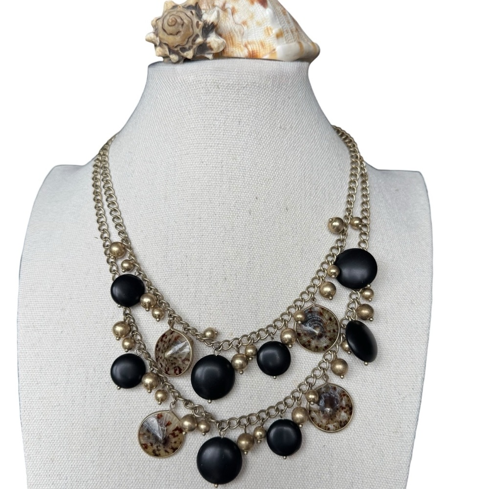 Talbots Double Strand Statement Necklace – Gold Black & Tortoise Beads and Discs